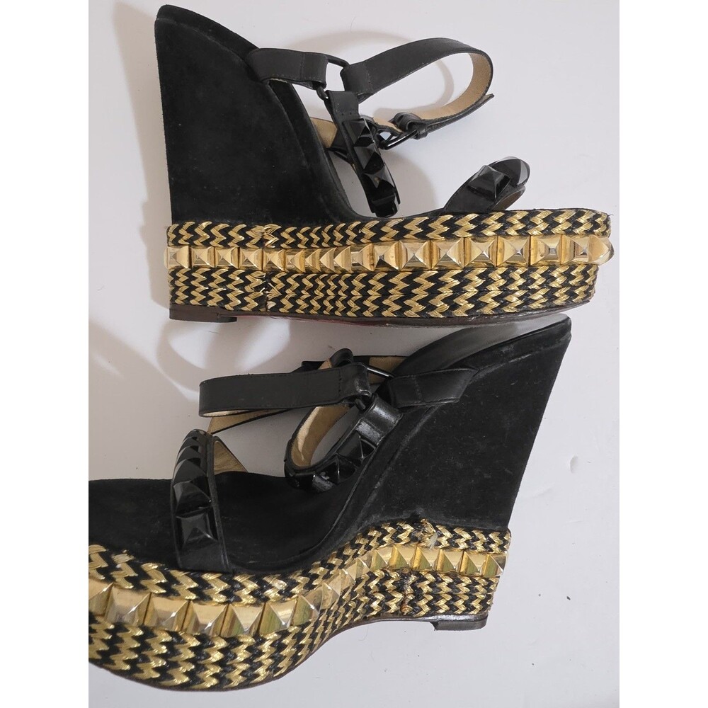 Christian Louboutin Cataclou 140 Black Suede Gold Spike Stud Platform Wedg